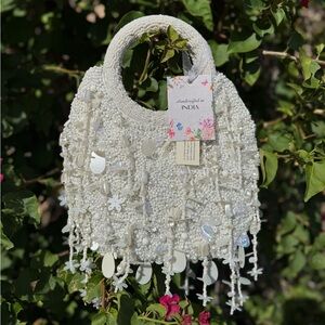 NWT Made in India Pearl Beaded Embellished Circular Top Handle Bag Beach Travel